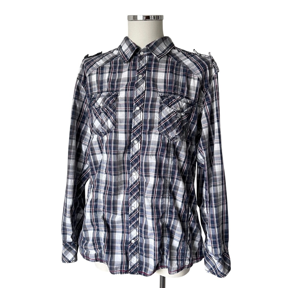 BKE Mens Slim Fit‎ Plaid Long Sleeve Button Up Shirt Size XXL Grey Burgundy